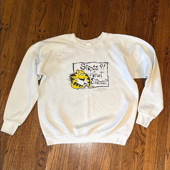 Fruit of the Loom women’s Large stressed cat White Graphic crewneck Sweater - Picture 1 of 5